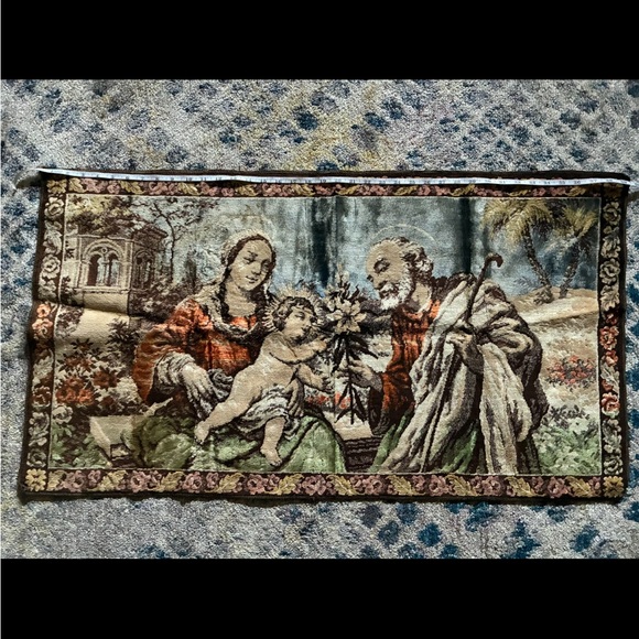 Vintage Religious Tapestry with Family Scene